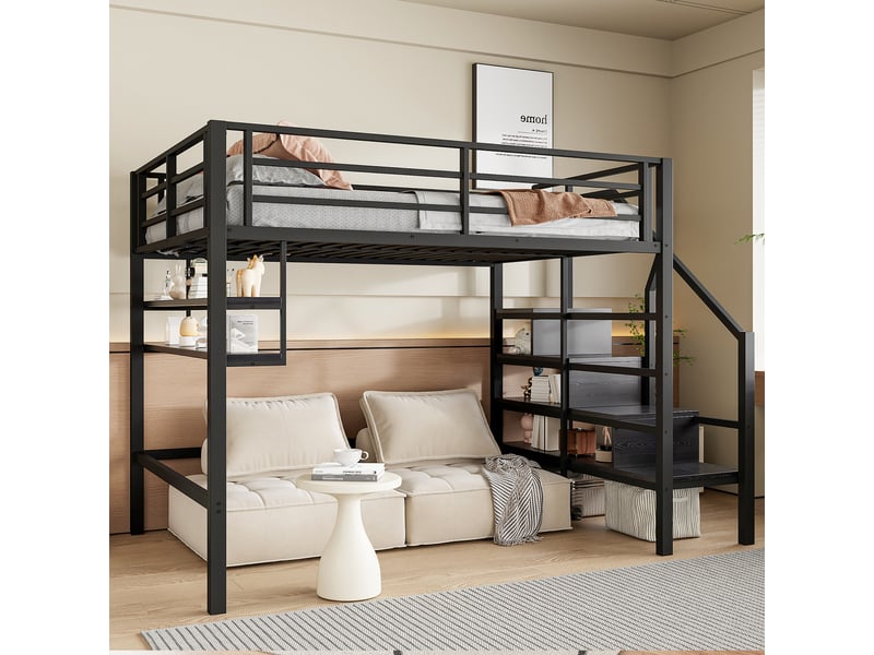 Lit mezzanine enfant 140 × 200 cm 2 places avec étagères, escalier de rangement et barrière, sans matelas, métal noir - Conforama E