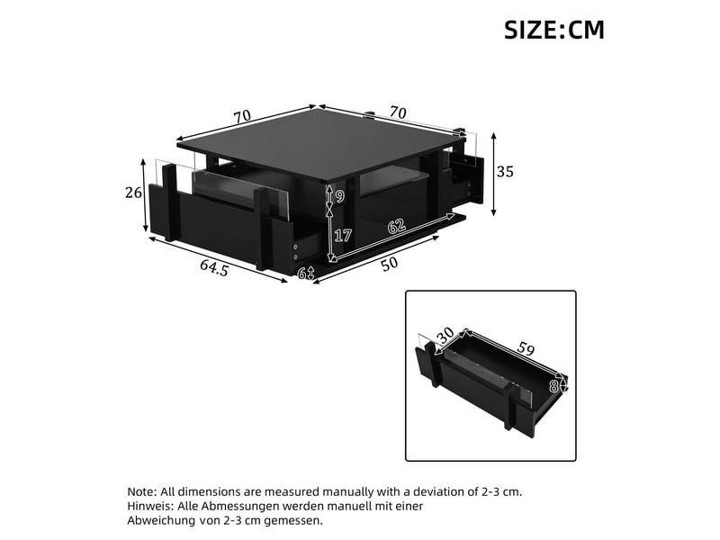  Table basse 70x70x40, finition brillant noir table basse salon, 2 tiroirs, led intégrées, cloison acrylique  - Conforama C