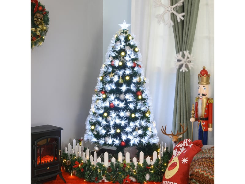  Sapin de noël artificiel lumineux 120h cm fibre optique led + 20 ampoules + support pied 130 branches étoile sommet brillante vert  - Conforama D