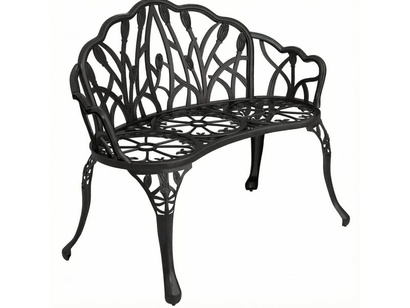 Banc de jardin 2 places en aluminium noir à dossier tulipe, résistant aux intempéries, pour terrasse et balcon - Conforama A