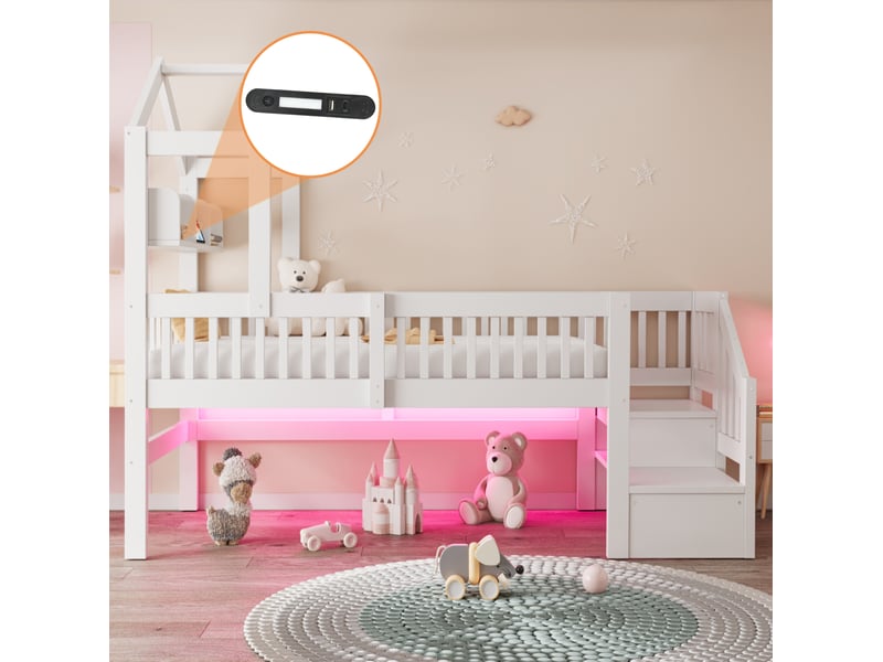 Lit mezzanine enfant 90x200 cm avec rangement, éclairage et port usb,coloris blanc - Conforama D