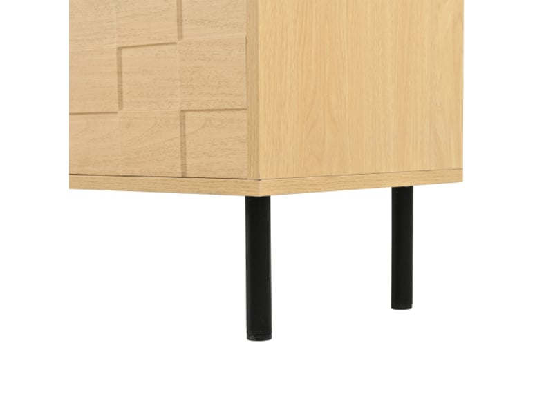  Meuble tv bois naturel 200x35x44,5 cm – console salon 2 tiroirs, 2 portes battantes, décor carrés 3d, tv 80 pouces  - Conforama E