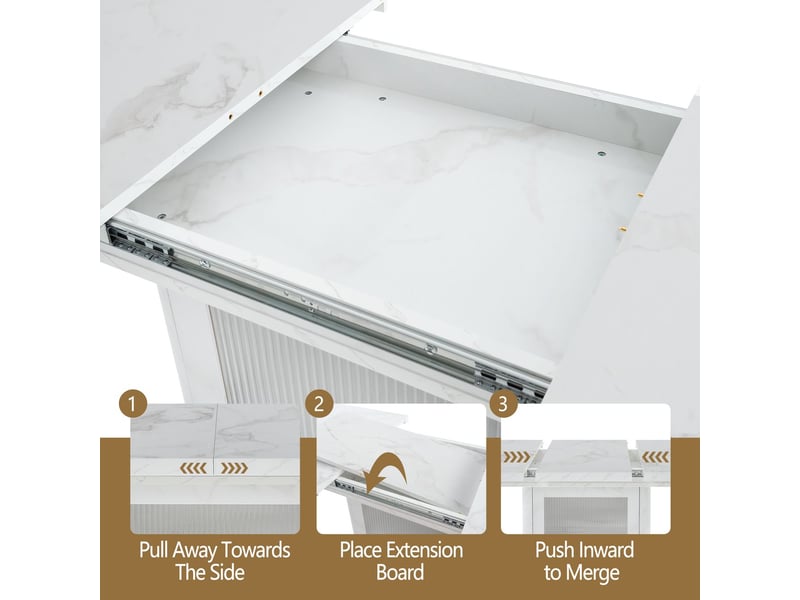  Table basse 120x160, plateau effet marbre blanc, table basse salon, plateau extensible, rangement intégré, piètement métal, portes verre  - Conforama E