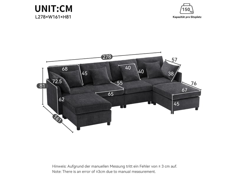  Canapé modulaire 6 places convertible en u et en l avec 2 poufs et 6 coussins en chenille gris 278 × 161 × 81 cm  - Conforama E