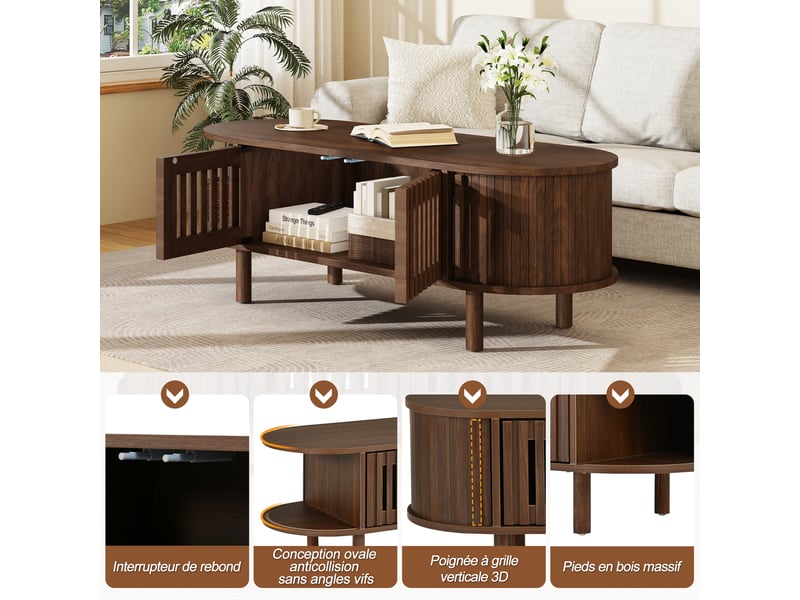  Table basse ovale 100x40x38 cm finition noyer, portes à lamelles, porte coulissante et pieds en bois massif Fay Lum - Conforama E