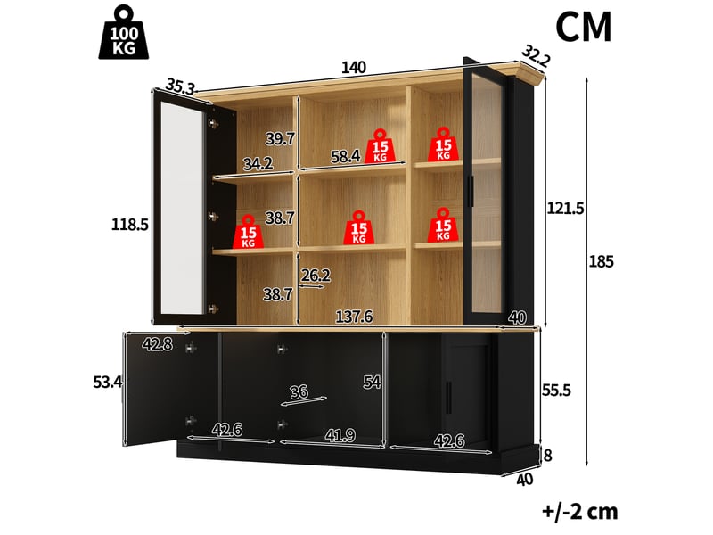  Buffet haut 140x40x185cm avec vitrine supérieure, étagères réglables, anti-basculement et charge 100kg,noir evarich - Conforama C