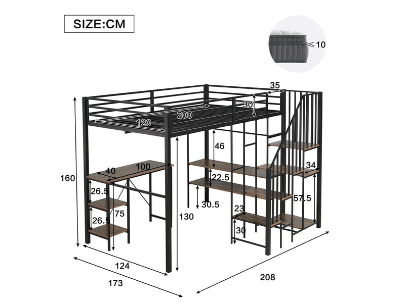  Lit superposé enfant 120x200, escalier rangement sécurisé lit enfant, bureau, étagères, penderie, structure métal, bois vintage  - Conforama C
