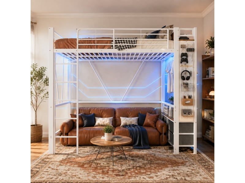 Lit mezzanine 90x200 cm en métal, lit simple avec 4 tiroirs, étagères, led, usb et type-c, sans matelas, blanc - Conforama B