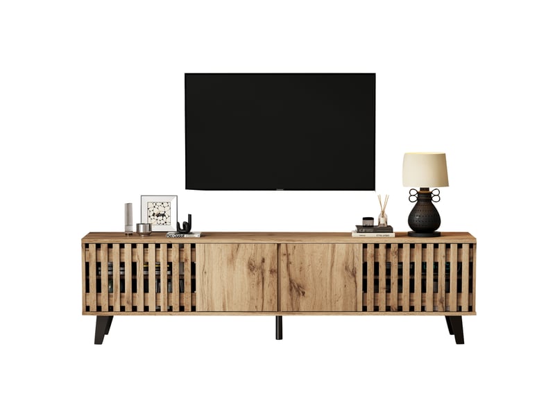  Meuble tv bas 180x40x55 cm, panneau de particules couleur bois naturel, support jusqu'à 70 pouces, 8 compartiments, capacité 45 kg  - Conforama A