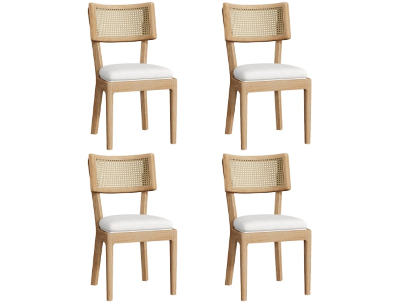  Lot de 4 chaises de salle à manger, chaises en bois avec dossier en rotin et assise en lin  - Conforama A