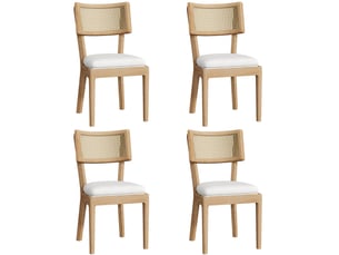 Lot de 4 chaises de salle à manger, chaises en bois avec dossier en rotin et assise en lin