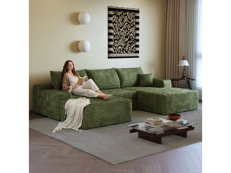  Canapé d'angle droite en l 270cm canapé modulable canapé compressé 3 places en velours côtelé avec pouf méridienne, vert  - Conforama R