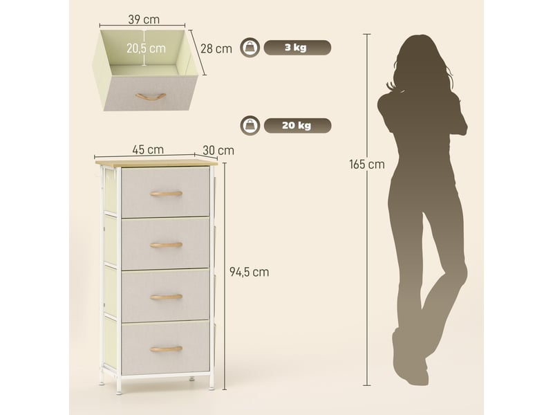  Commode 4 tiroirs en tissu, meuble de rangement avec 4 poches, 2 crochets, structure en acier, 45 x 30 x 94,5 cm, beige  - Conforama C