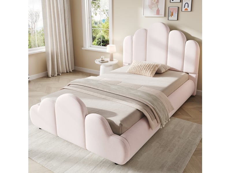  Lit enfant 90 × 200 cm avec cadre à lattes, tête et pied de lit rembourrés en velours rose, chambre 216 × 106 × 89 cm  - Conforama B