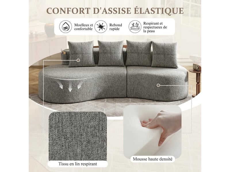  Canapé 4 places en lin gris clair avec porte-gobelets 240 x 109 cm - 4 coussins inclus  - Conforama W