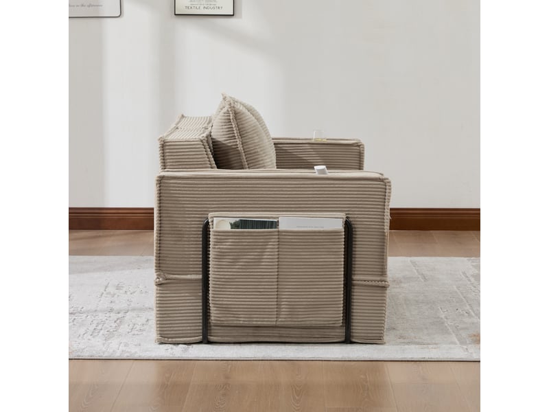  Canapé 2 places en velours côtelé kaki, canapé modulable avec pouf, rangement latéral et confort généreux pour le salon  - Conforama B