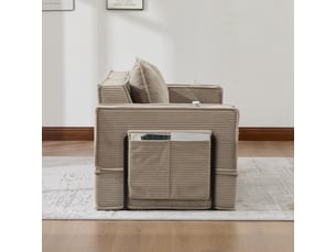 Canapé 2 places en velours côtelé kaki, canapé modulable avec pouf, rangement latéral et confort généreux pour le salon