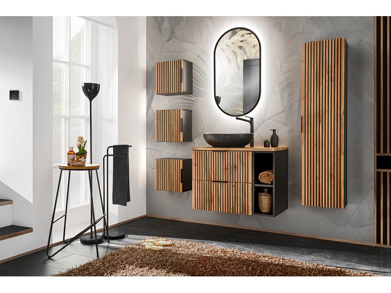 Colonne De Salle De Bain Suspendue Sorrento Noir 140 Cm - 4 étagères, 2 Portes, Largeur 30 Cm