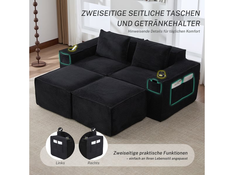  Canapé modulaire 2 places avec 2 poufs et porte-gobelets - lpospi - poches latérales, velours côtelé noir  - Conforama E