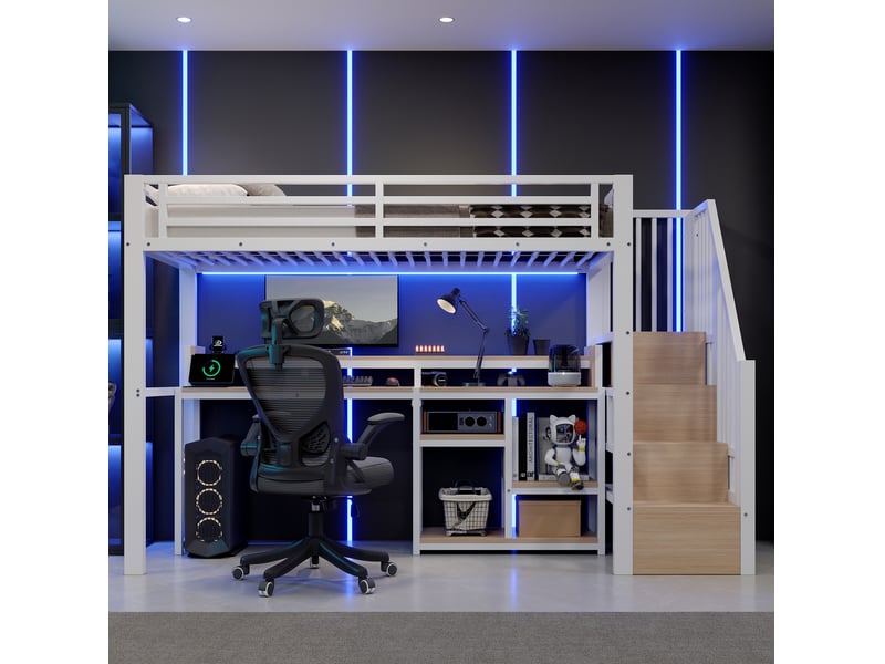  Lit mezzanine 90 x 200 cm avec bureau, rangements, led et usb-c, blanc  - Conforama D