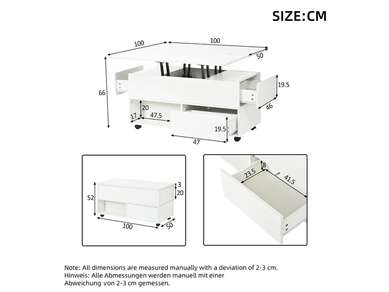  Table basse coloris blanc 100 × 50 × 52 cm, en panneaux de particules, avec plateau relevable et rangement ouvert  - Conforama B