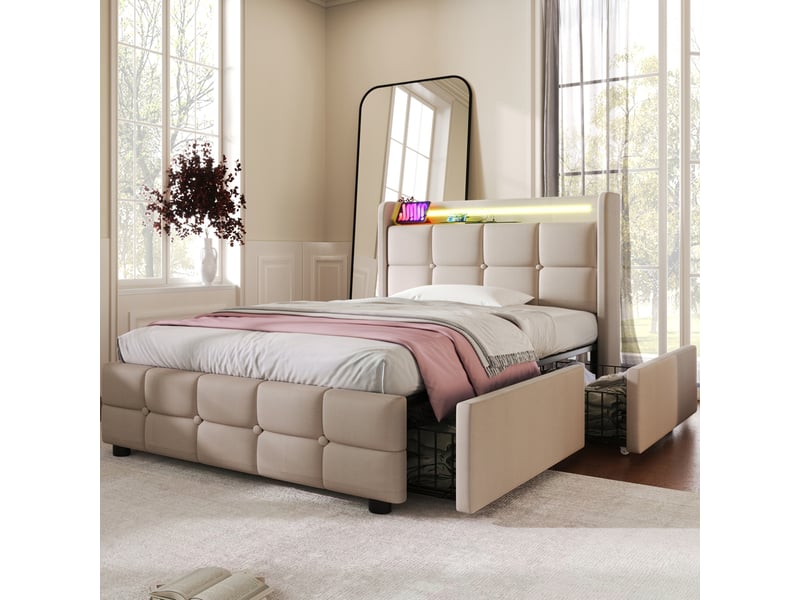  Lit 1 place 90x200 cm avec usb, prises, led et 2 tiroirs, métal et bois, beige sans matelas  - Conforama C