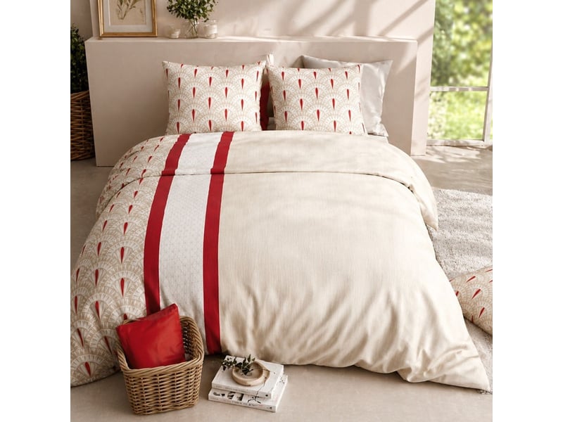  Parure housse de couette 260x240cm + 2 taies motif art-déco rouge et beige 100% coton - linoa LINOA - Conforama C