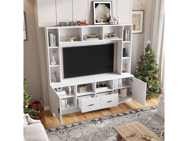  Meuble tv mural avec 2 portes, 2 tiroirs et 11 niches, anti-basculement pour salon en panneaux blancs 180×35×170 cm  - Conforama C