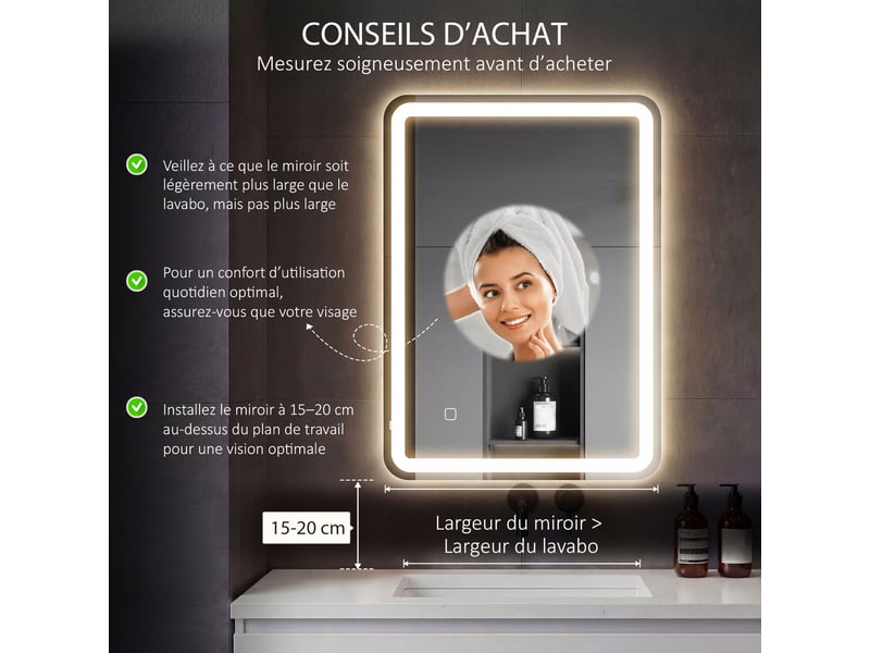  Miroir de salle de bain 60 x 80 cm, miroir led mural avec 3 couleurs lumière, dimmable, anti-buée, mémoire, argent  - Conforama A