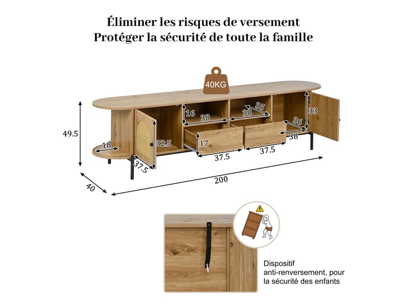  Meuble tv ovale 200 cm en rotin et mdf, portes coulissantes et tiroirs, pieds en métal noir  - Conforama D
