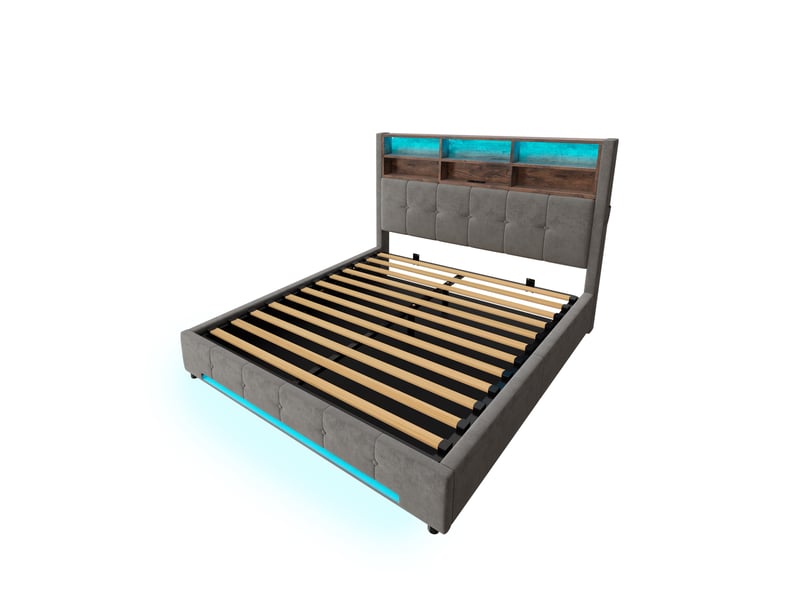 Lit coffre 160x200 cm, lit double, rangement hydraulique, led, velours gris foncé, usb et usb-c - Conforama B