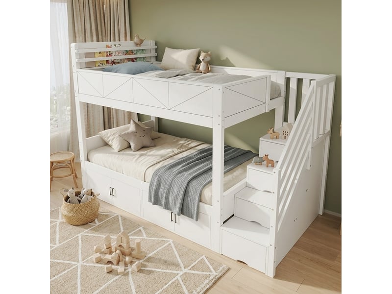  Lit superposé 90 × 200 cm avec escalier de rangement, placards sous lit et garde-corps haut, blanc, 254 × 95 × 189 cm  - Conforama D