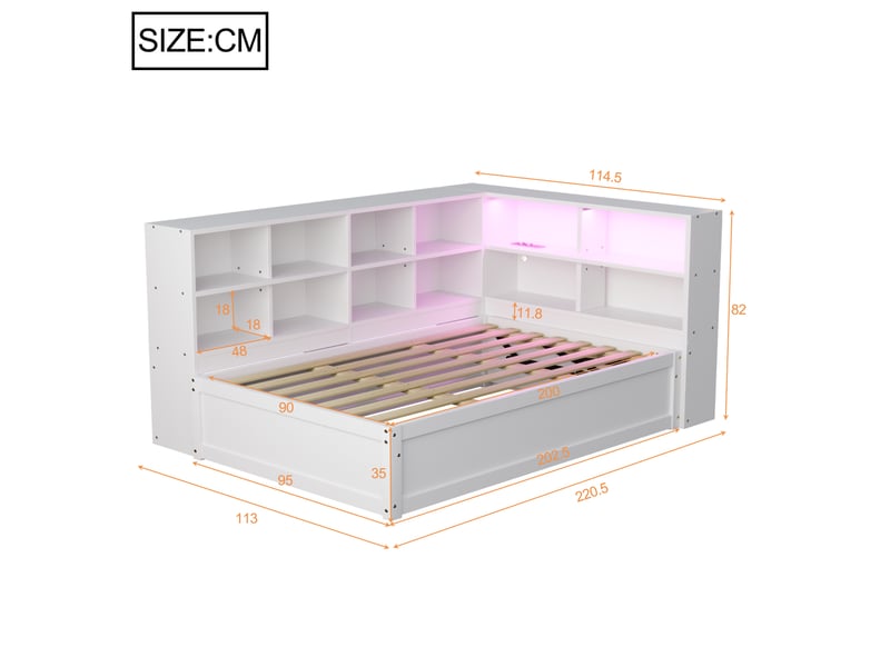  Lit simple 90x200 cm avec rangement et éclairage led en bois blanc  - Conforama E