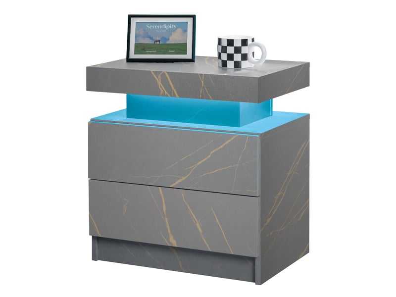  Table de chevet avec 2 tiroirs, niche et led pour chambre en bois d’ingénierie gris et doré  - Conforama A