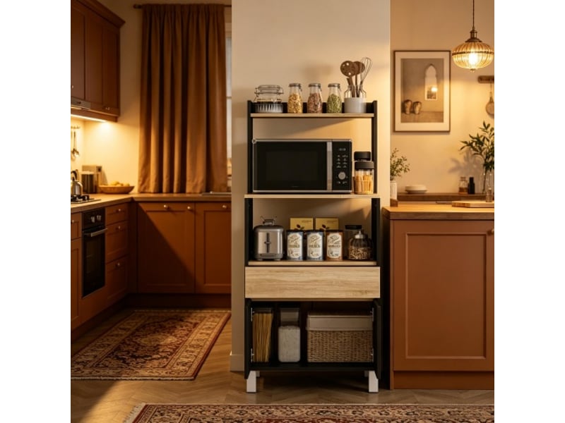  Meuble micro-ondes et buffet cuisine avec porte, tiroirs et étagère supérieure – rangement pratique  - Conforama E