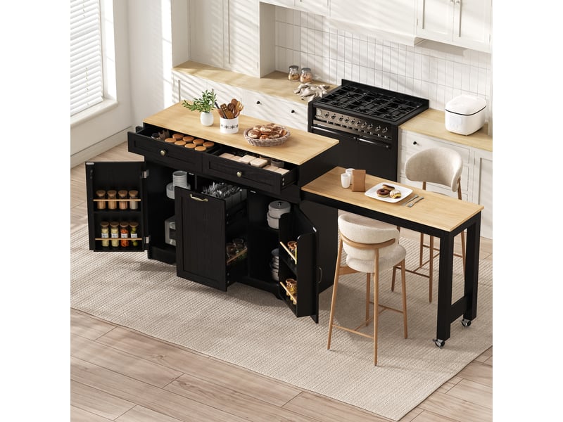  Îlot de cuisine extensible 188,6 x 36,7 x 92 cm, roulettes, 2 tiroirs, 3 portes et poubelle intégrée, noir, en mdf  - Conforama D
