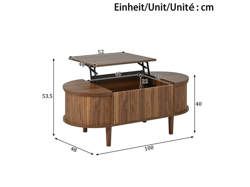  Table basse 100x48x53,5 cm, plateau escamotable, espace de rangement, style vintage, pour salon, en bois et mdf, noyer  - Conforama C