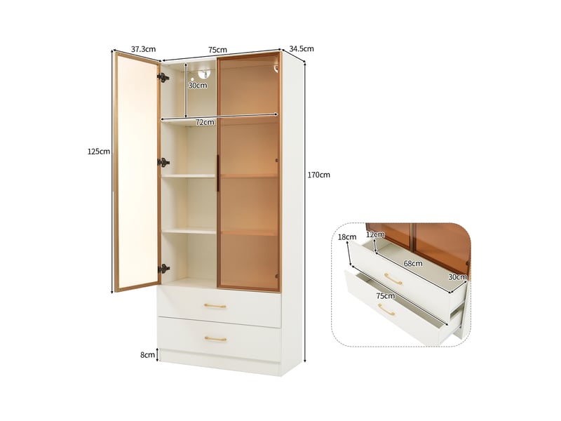  Armoire vitrine avec led intégrée, 2 portes en verre et 2 tiroirs, design contemporain en mdf - blanc - 75×34,5×170 cm  - Conforama E