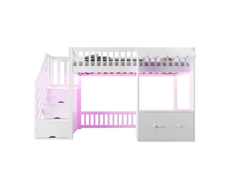 Lit mezzanine en bois 90×200 cm, avec armoire de rangement, escalier de rangement, bande lumineuse led multicolore, design sous les combles, sommier à lattes, lit simple, blanc - Conforama A