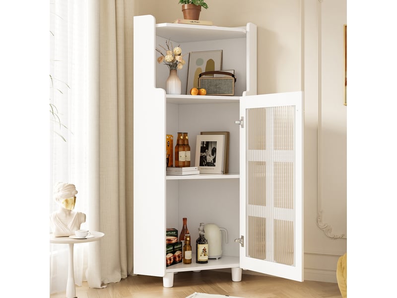 Armoire d'angle 63,5x45x124 cm, gain de place, éclairage led, pour salon, bibliothèque, salle de bains, mdf blanc  - Conforama D