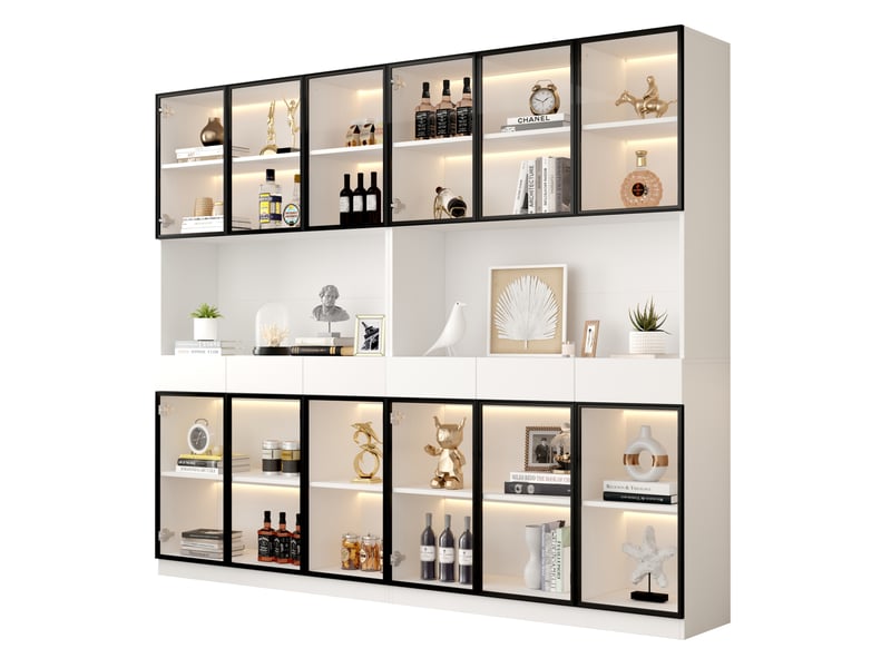  Vitrine 240x36x200 cm avec éclairage led, portes et tiroirs, blanc et cadre noir  - Conforama A