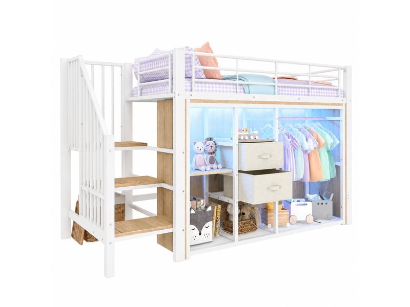  Lit mezzanine, lit simple 90x200 cm en métal et mdf avec 2 tiroirs, penderie ouverte et led, sans matelas, blanc  - Conforama A