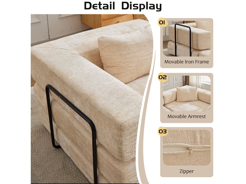  Canapé convertible 200 cm, canapé-lit modulable au sol en tissu chenille, sans montage, 2 places, beige  - Conforama D