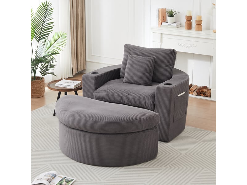 Fauteuil lounge xxl 156 x 136 x 88 cm avec pouf, rangement, porte-gobelet et double coussin, velours côtelé, mousse et ressorts, gris OMNIGLINT TRADING LTD - Conforama B