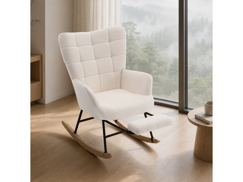  Fauteuil à bascule ulevr avec repose-pieds, 91 x 61 x 88 cm, revêtement sherpa beige, structure en métal et bois  - Conforama B