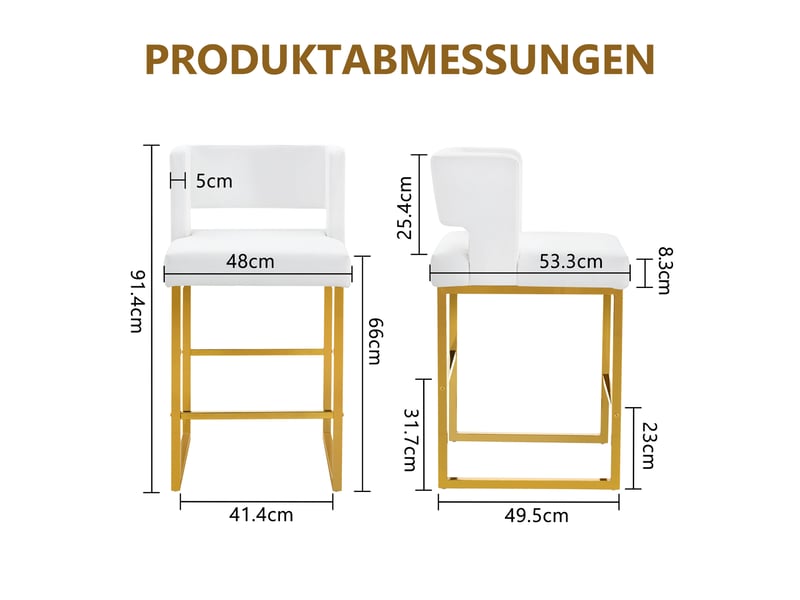  Lot de 2 tabourets de bar 53x48x91 cm, chaises hautes avec assise carrée, meuble cuisine, pieds métal doré, pu blanc  - Conforama C