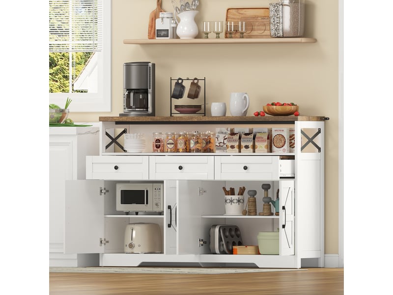 Buffet 140 cm style campagne blanc bois - barcafé, 3 tiroirs, portes et étagères - Conforama E