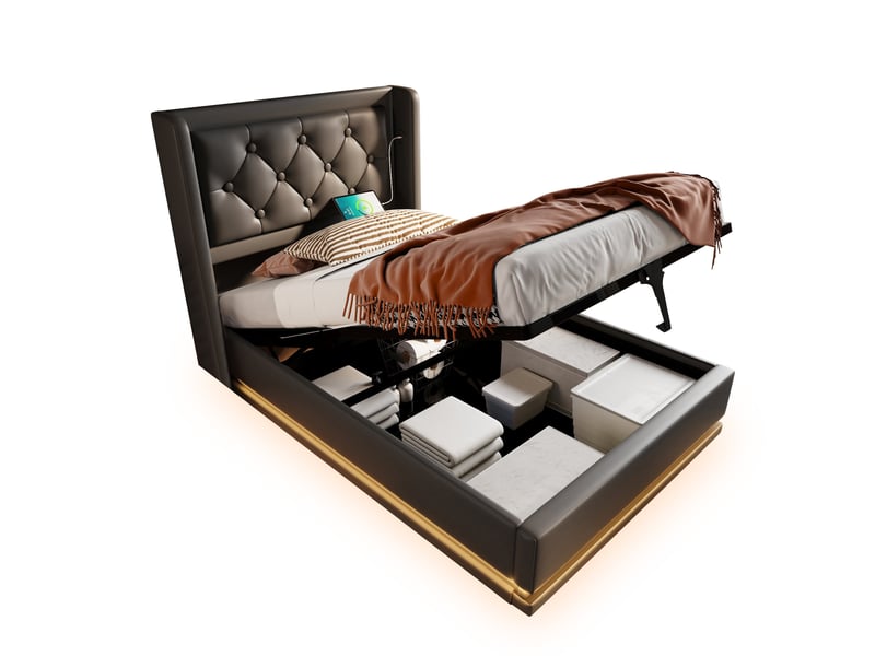  Lit rembourré 90*200 cm avec usb-c, led 3 côtés et coffre hydraulique, lit simple noir pu, matelas inclus  - Conforama A