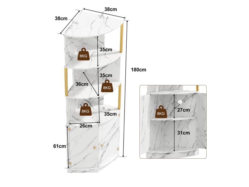  Buffet haut d'angle 38x38x180 cm – blanc – led, prises, 2 portes et rangement gain de place en mdf  - Conforama C