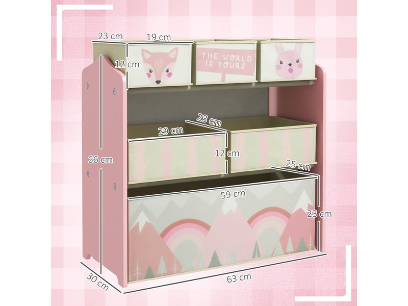 Meuble de rangement pour jouets d'enfants avec 6 bacs en tissu amovibles, 63 x 30 x 66 cm, rose - Conforama D